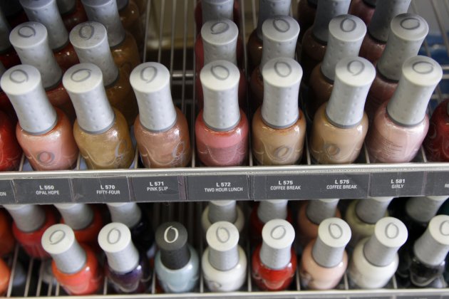 Nail care products are displayed at a beauty supply shop in San Francisco,
