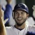 Kansas City Royals' Eric Hosmer celebrates with teammates after hitting a three-run home run during the fourth inning of a baseball game against the Detroit Tigers on Tuesday, Sept. 20, 2011, in Kansas City, Mo. (AP Photo/Charlie Riedel)