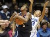Duke's Shay Selby (3) collides Connecticut's Tiffany Hayes (3) during the first half of an NCAA women's college basketball game, Monday, Jan. 30, 2012, in Durham, N.C. (AP Photo/Sara D. Davis)