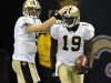 New Orleans Saints quarterback Drew Brees (9) congratulates wide receiver Devery Henderson (19) after Henderson scored on a 79-yard touchdown pass from Brees during the second quarter of an NFL football game against the Chicago Bears at the Louisiana Superdome in New Orleans, Sunday, Sept. 18, 2011. (AP Photo/Bill Feig)