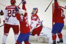 Denmark's goalie Simon Nielsen, center, reacts after Norway's Jonas Holos scored during the Group A preliminary round match at the Ice Hockey World Championship in Minsk, Belarus, Sunday, May 11, 2014. (AP Photo/Sergei Grits)