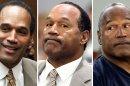 This combination of Associated Press file photos shows from left, O.J. Simspon on Oct. 3, 1995, after the jury acquitted him in the murders of Nicole Brown Simpson and Ronald Goldman in Los Angeles; Simpson, center, in court on the first day his trial for armed robbery and kidnapping, on Monday, Sept 15, 2008, in Las Vegas; and right, Simpson in Clark County District Court seeking a new trial, claiming that trial lawyer Yale Galanter had conflicted interests and shouldn't have handled Simpson's armed case on Monday, May 13, 2013, in Las Vegas. (AP Photo)