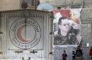 An aid convoy of the Syrian Arab Red Crescent enters the Wafideen Camp, which is controlled by Syrian government forces, near a poster of Syria's president Bashar al-Assad, to deliver aid into the rebel-held besieged Douma neighborhood of Damascus