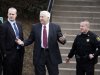 Jerry Sandusky, left, a former Penn State assistant football coach charged with sexually abusing boys, arrives with his attorney Joe Amendola, at the Centre County Courthouse for a bail conditions hearing Friday, Feb. 10, 2012 in Bellefonte, Pa. (AP Photo/Alex Brandon)