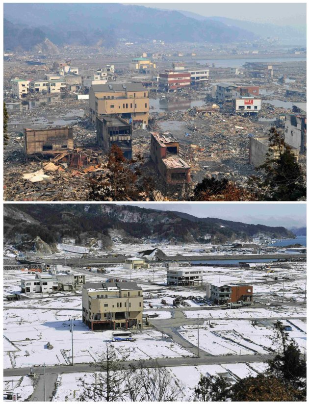 Combo photo shows the tsunami-devastated …