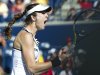 Galina Voskoboeva, of Kazakhstan, reacts after defeating and knocking out Maria Sharapova, of Russia, during the Rogers Cup women's tennis tournament in Toronto on Thursday, Aug. 11, 2011. (AP Photo/The Canadian Press, Nathan Denette)