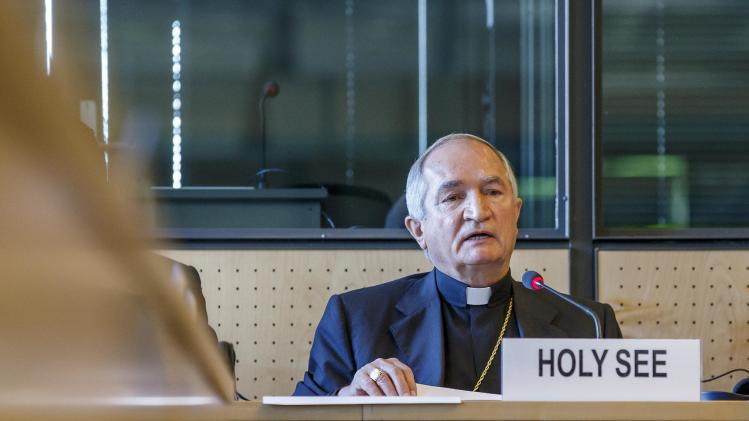 Archbishop Silvano M. Tomasi, Apostolic Nuncio, Permanent Observer of the Holy See (Vatican) to the Office of the United Nations in Geneva, delivers his statement during the UN torture committee hearing on the Vatican, at the headquarters of the office of the High Commissioner for Human Rights (OHCHR) in the Palais Wilson, in Geneva, Switzerland, Monday, May 5, 2014. The UN Committee Against Torture hears the Holy See for the first time to consider whether the church&#39;s handling of child sexual abuse complaints has violated its obligations against subjecting minors to torture and to hear the Vatican on its efforts to stamp out child sex abuse by priests. (AP Photo/Keystone, Salvatore Di Nolfi)