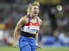 Russia's Maria Abakumova reacts after taking the lead in the Women's Javelin final at the World Athletics Championships in Daegu, South Korea, Friday, Sept. 2, 2011. (AP Photo/Lee Jin-man)