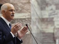 Greek Prime minister Papandreou delivers a speech to Panhellenic Socialist Movement parliamentary group in Athens