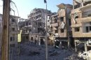 Damaged buildings are seen at juret al-Shayah in Homs