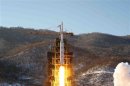 KCNA photo shows the launch of the Unha-3 rocket at West Sea Satellite Launch Site in Cholsan county, North Pyongan province