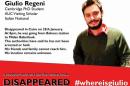 FILE - This file image posted online after the Jan. 25, 2016 disappearance of Italian graduate student Giulio Regeni in Cairo, Egypt shows Reggeni in a graphic used in an online campaign, #whereisgiulio seeking information on his whereabouts. Egypt has denied the police had anything to do with the brutal killing of an Italian student whose body was found on the outskirts of Cairo bearing signs of torture. (#wheresgiulio via AP)