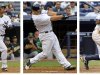 A series of photos shows New York Yankees who hit grand slams in a baseball game against the Oakland Athletics on Thursday, Aug. 25, 2011, in New York. From left are Robinson Cano, in the fifth inning; Russell Martin, in the sixth inning; and Curtis Granderson, in the eighth inning. The Yankees became the first team in major league history to hit three grand slams in a game, on the way to a 22-9 win. (AP Photo/Bill Kostroun)