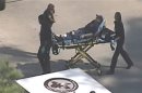 Frame grab of police and emergency personnel evacuating an injured male on a stretcher outside a building on the Lone Star College Campus near Houston