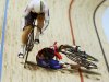 Britain's Victoria Pendleton, right, crashes during her semifinal against Australia's Anna Meares in the women's sprint at the Track Cycling World Championships in Melbourne, Australia, Friday, April 6, 2012. (AP Photo/Rick Rycroft)