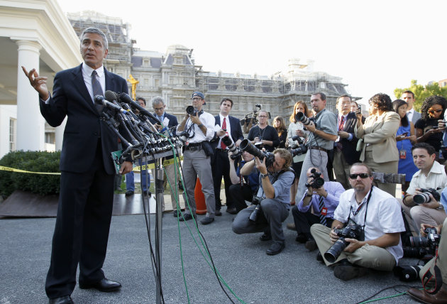FILE - In this Oct. 12, 2010 file photo, actor George Clooney speaks to reporters outside the White House in Washington after meeting with President Barack Obama about his recent trip to Sudan. Hollywood, as everyone knows, loves the Next Big Thing. And four years ago, Barack Obama was certainly that: a political supernova, the equivalent of a sudden breakout movie star. (AP Photo/Charles Dharapak, File)