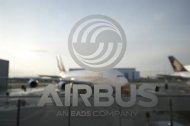 An A380 aircraft is seen through a window with an Airbus logo during the EADS / Airbus 'New Year Press Conference' in Hamburg January 17, 2012. REUTERS/Morris Mac Matzen
