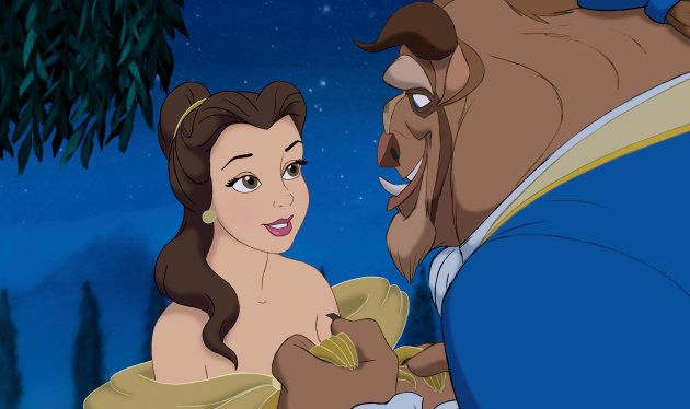 In this film image released by Disney, Belle and the Beast are shown in a scene from Disney's "Beauty and the Beast 3-D." (AP Photo/Disney)