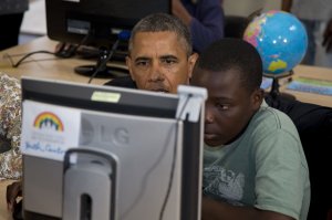 U.S. President Barack Obama looks of a project prepared …