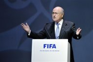 FIFA President Joseph Blatter speaks at the opening of the FIFA Congress in Budapest, Hungary, Thursday, May 24, 2012. (AP Photo/MTI, Laszlo Beliczay)