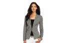 This publicity photo provided by amazon.com/fashion shows a model wearing a women's long sleeve shawl collar blazer from DKNYC. Many closet-to-classroom items are basic pieces, including a pencil skirt, fit-and-flare dress, collared shirts, blazers, jeans and sweaters, so they can make the transition between seasons and school years. They can all be dressed up or down, and adapted to look 