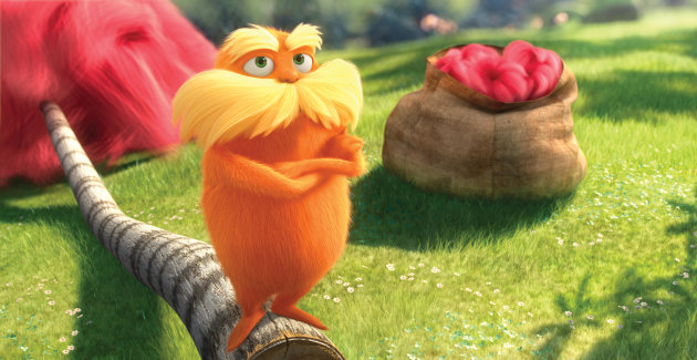In this image released by Universal Pictures, the character known as The Lorax, voiced by Danny DeVito, is shown in a scene from the animated film, "Dr. Seuss' The Lorax." Universal Pictures' ?Dr. Seuss' The Lorax? is going green, and not only with green eggs and ham. The studio has lined up an impressive list of eco-friendly launch partners that includes for the first time the U.S. government's Environmental Protection Agency and Whole Foods Market. These partners and others are getting behind an animated movie, set for release March 2 in North America, about a creature who ?speaks for the trees? and fights rampant industrialism in a retelling of a Dr. Seuss children's book first published in 1971. (AP Photo/Universal Pictures)