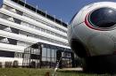 A giant soccer ball is seen in front of the Adidas building in Landersheim near Strasbourg