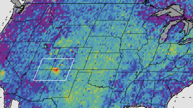 This undated handout image provided by NASA/JPL-Caltech/University of Michigan, shows The Four Corners area, in red, left, is the major US hot spot for methane emissions in this map showing how much emissions varied from average background concentrations from 2003-2009 (dark colors are lower than average; lighter colors are higher. Satellite data spotted a surprising hot spot of the potent heat-trapping gas methane over part of the American southwest. Those measurements hint that U.S. Environmental Protection Agency considerably underestimates leaks of natural gas, also called methane. In a new look at methane from space, the four corners area of New Mexico, Colorado, Arizona and Utah jump out in glowing red with about 1.3 million pounds of methane a year. That’s about 80 percent more than the EPA figured and traps more heat than all the carbon dioxide produced yearly in Sweden. (AP Photo/NASA, JPL-Caltech, University of Michigan)
