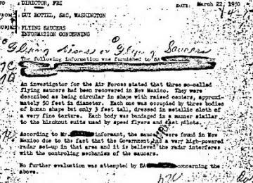 Salinan memo 1950 yang menceritakan penemuan piring terbang dan alien di New Mexico. Memo itu dipublikasikan di situs FBI.