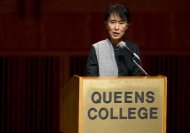 Aung San Suu Kyi speaks to students at Queens College in New York. Her desire, she said, is that "Burma can once again become the country it was way back before the military regime took over, a country of hope."