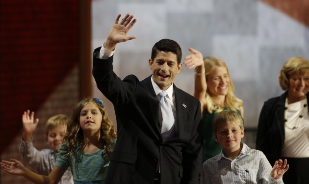 Republican vice presidential nominee, Rep. Paul Ryan waves with his family, from left, Sam, Liza, wife Janna, Charlie and mother Betty Ryan Douglas after his acceptance speech during the Republican National Convention in Tampa, Fla., on Wednesday, Aug. 29, 2012. (AP Photo/Charlie Neibergall)