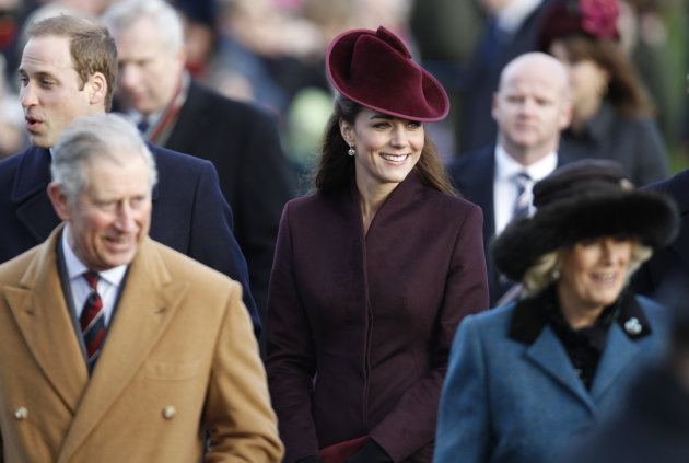 Britain's Prince William, back left, Prince Charles, front left, Kate Duchess of Cambridge, center, and Camilla Duchess of Cornwall arrive to attend a Christmas Service at St Mary's church on the grounds of Sandringham Estate, the Queen's Norfolk retreat, England, Sunday, Dec. 25, 2011. (AP Photo/Lefteris Pitarakis)