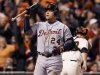Detroit Tigers' Miguel Cabrera reacts after striking out against the San Francisco Giants in the eighth inning during Game 1 of the MLB World Series baseball championship in San Francisco