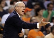 Syracuse head coach Jim Boeheim shouts instructions to his team in the first half of an East Regional semifinal game against Wisconsin in the NCAA men's college basketball tournament, Thursday, March 22, 2012, in Boston. (AP Photo/Michael Dwyer)