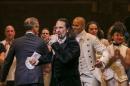 Lin-Manuel Miranda, actor and creator of the of the play "Hamilton," addresses the audience after the plays opening night on Broadway in New York