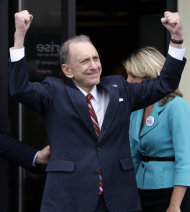 FILE - In this May 17, 2010 file photo, Sen. Arlen Specter, D-Pa. campaigns in New Cumberland, Pa. Former U.S. Sen. Arlen Specter, longtime Senate moderate and architect of one-bullet theory in JFK death, died Sunday, Oct. 14, 2012. He was 82. (AP Photo/Carolyn Kaster, File)