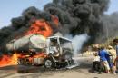 A fuel tanker burns in the southern city of Basra on May 21, 2007
