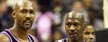 Washington Wizards' Michael Jordan (23) gets a shove by Utah Jazz's Karl Malone, left, during the third quarter of the Wizards' 105-102 win, Thursday, Nov. 14, 2002, at the MCI Center in Washington. (AP Photo/Nick Wass)