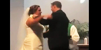 Overeager groom nearly takes out bride (Y! Screen / Butterfinger)