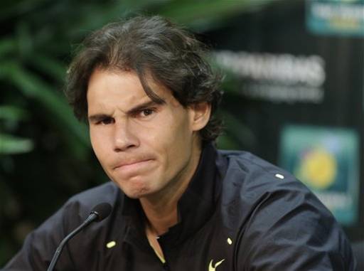 Rafael Nadal, of Spain, speaks during a news conference at the BNP Paribas Open tennis tournament in Indian Wells, Calif. Thursday, March 7, 2013