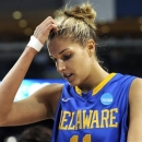 Delaware's Elena Delle Donne reacts in the final seconds of a regional semifinal against Kentucky in the NCAA college basketball tournament in Bridgeport, Conn., Saturday, March 30, 2013. Kentucky won 69-62. (AP Photo/Jessica Hill)