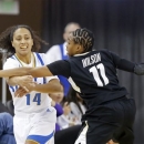 Colorado guard Brittany Wilson (11) defends as UCLA guard Mariah Williams (14) passes in the first half of an NCAA women's college basketball game in Los Angeles Friday, Feb. 1, 2013. (AP Photo/Reed Saxon)