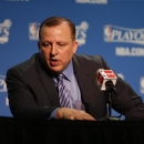 CLEVELAND, OH - MAY 12: Head coach Tom Thibodeau of the Chicago Bulls speaks at the post game press conference after Game Five of the Eastern Conference Semifinals against the Cleveland Cavaliers during the 2015 NBA Playoffs on May 12, 2015 at The Quicken Loans Arena in Cleveland, Ohio. (Photo by Gregory Shamus/NBAE via Getty Images)