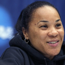 South Carolina head coach Dawn Staley takes questions during a news conference a day before a second-round women's NCAA college basketball game against Kansas in Boulder, Colorado, Sunday, March 24, 2013. (AP Photo/Brennan Linsley)