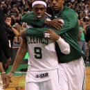 BOSTON, MA - JUNE 03:  Rajon Rondo #9 and Paul Pierce #34 of the Boston Celtics celebrate after they won 93-91 in overtime against the Miami Heat in Game Four of the Eastern Conference Finals in the 2012 NBA Playoffs on June 3, 2012 at TD Garden in Boston, Massachusetts. (Photo by Jim Rogash/Getty Images)