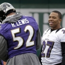 Baltimore Ravens running back Ray Rice, right, chats with linebacker Ray Lewis before warming up at an NFL Super Bowl XLVII football practice on Wednesday, Jan. 30, 2013, in New Orleans. The Ravens face the San Francisco 49ers in Super Bowl XLVII on Sunday, Feb. 3. (AP Photo/Patrick Semansky)