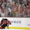 New Jersey Devils' Ilya Kovalchuk, of Russia, celebrates after scoring against the Philadelphia Flyers in the first period of Game 3 of a second-round NHL hockey Stanley Cup playoff series, Thursday, May 3, 2012 in Newark, N.J. (AP Photo/Julio Cortez)