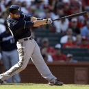 Milwaukee Brewers' Jonathan Lucroy hits a solo home run during the 10th inning of a baseball game against the St. Louis Cardinals, Sunday, April 14, 2013, in St. Louis. (AP Photo/Jeff Roberson)
