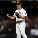 St. Louis Cardinals starting pitcher Shelby Miller celebrates after throwing a complete baseball game against the Colorado Rockies, Friday, May 10, 2013, in St. Louis. Miller gave up one hit in the 3-0 victory. (AP Photo/Jeff Roberson)