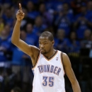 Oklahoma City Thunder forward Kevin Durant (35) gestures in the third quarter of Game 2 in their first-round NBA basketball playoff series against the Houston Rockets in Oklahoma City, Wednesday, April 24, 2013. Oklahoma City won 105-102. (AP Photo/Sue Ogrocki)